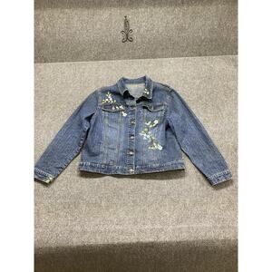 Arizona Jean Jacket Embroidered Junior’s Sz XL Blue Long Sleeve Button Up Aviary
